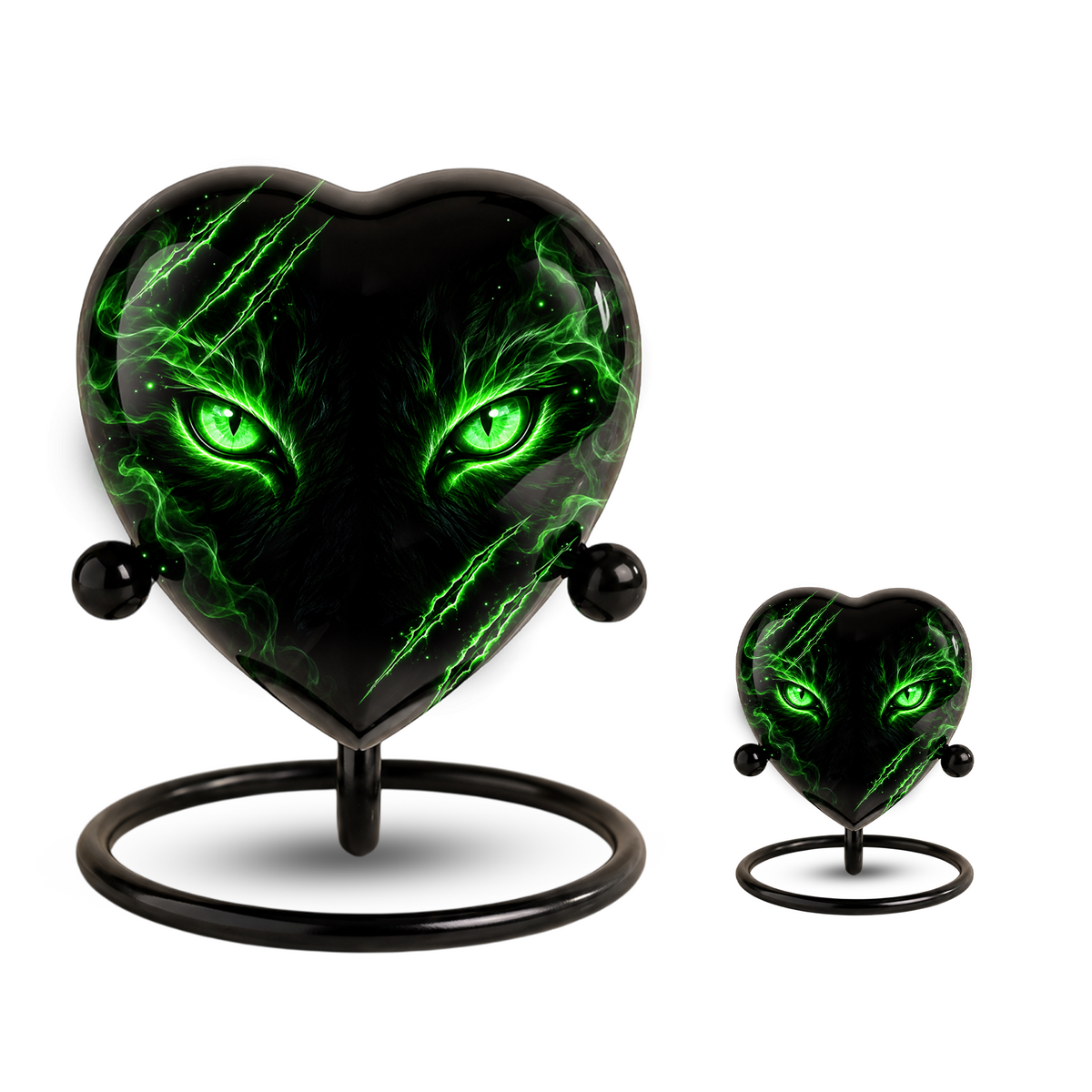 Green Cat Adult Cremation Urn for Ashes, Black Cat Memorial Urn, Gothic Cat Personalized Adult Urn, Heart Shaped Cremation Urn