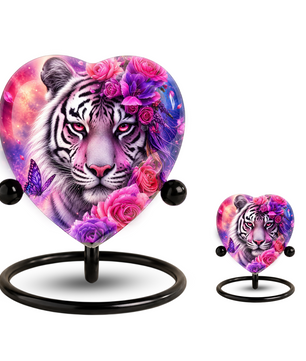 White Tiger Urn – Tiger Cremation Urn, Heart-Shaped Memorial Urn with Pink Roses