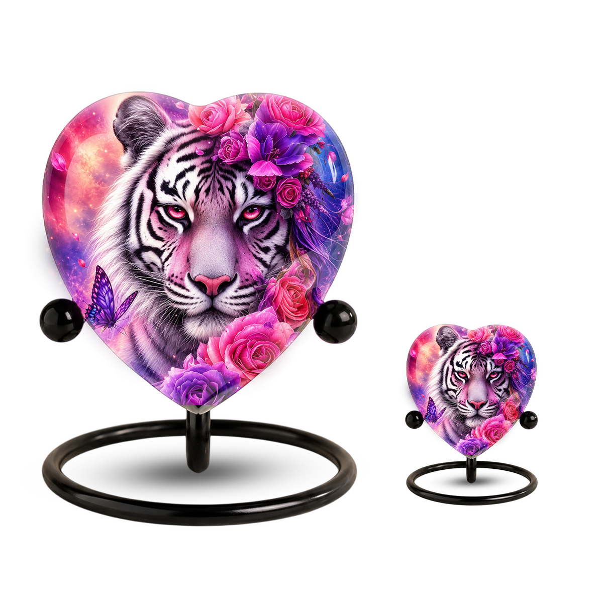 White Tiger Urn – Tiger Cremation Urn, Heart-Shaped Memorial Urn with Pink Roses