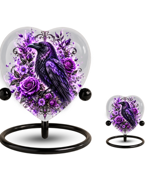 Purple Raven Heart Cremation Urn for Ashes, Crow Memorial Urn, Purple Floral Urn, Raven Urn for Ashes, Personalized Heart Cremation Urn