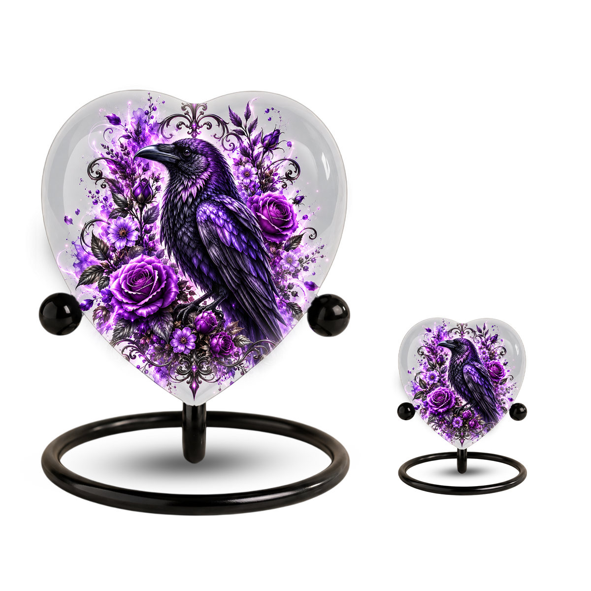 Purple Raven Heart Cremation Urn for Ashes, Crow Memorial Urn, Purple Floral Urn, Raven Urn for Ashes, Personalized Heart Cremation Urn