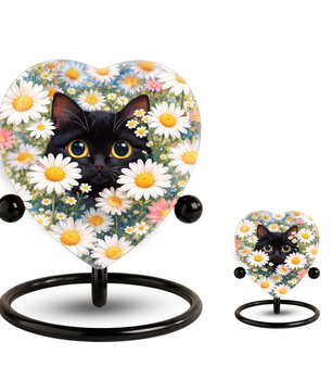Personalized Black Cat Urn for Ashes – Heart-Shaped White Daisy Memorial,Floral Cat Cremation Urn
