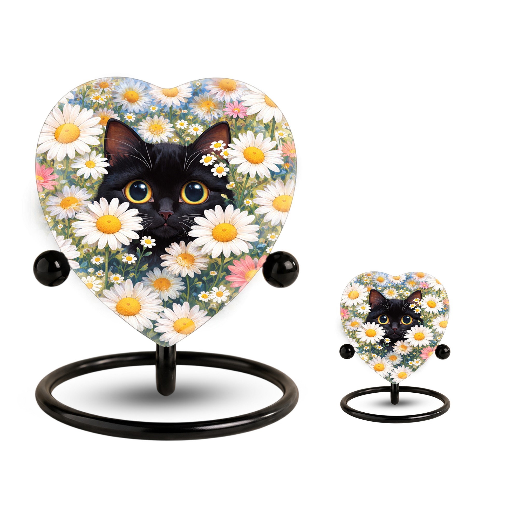 Personalized Black Cat Urn for Ashes – Heart-Shaped White Daisy Memorial,Floral Cat Cremation Urn