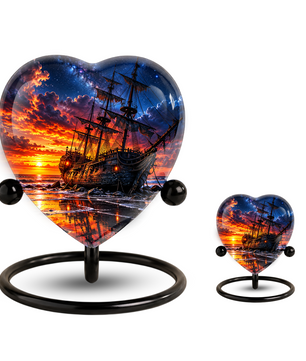 Pirate Ship Heart Cremation Urn for Ashes, Personalized Adult Memorial Urn, Nautical Urn for Men