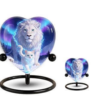 White Lion and White Cat Heart Memorial Urn – Adult Urn, Urns for Adult Ashes