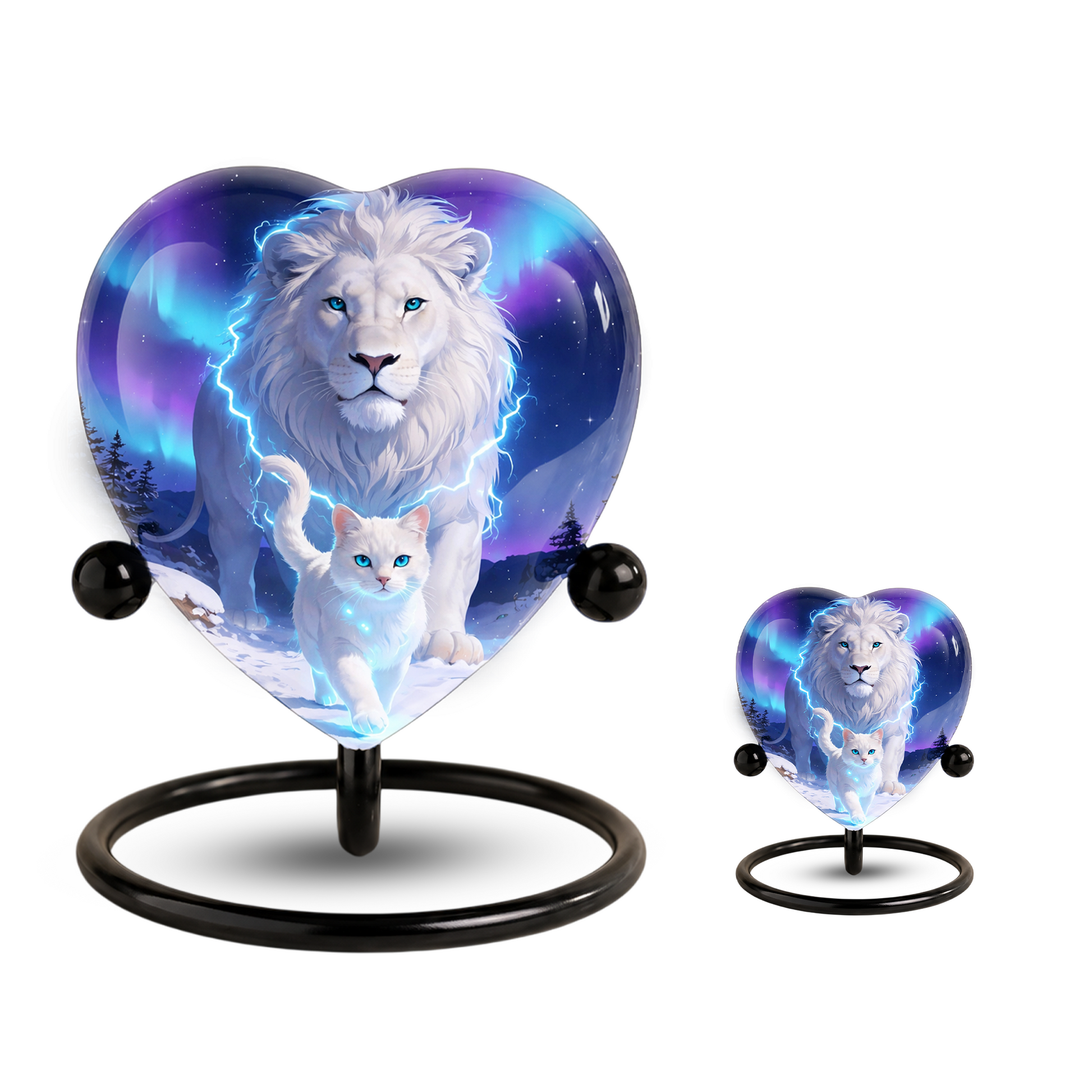 White Lion and White Cat Heart Memorial Urn – Adult Urn, Urns for Adult Ashes