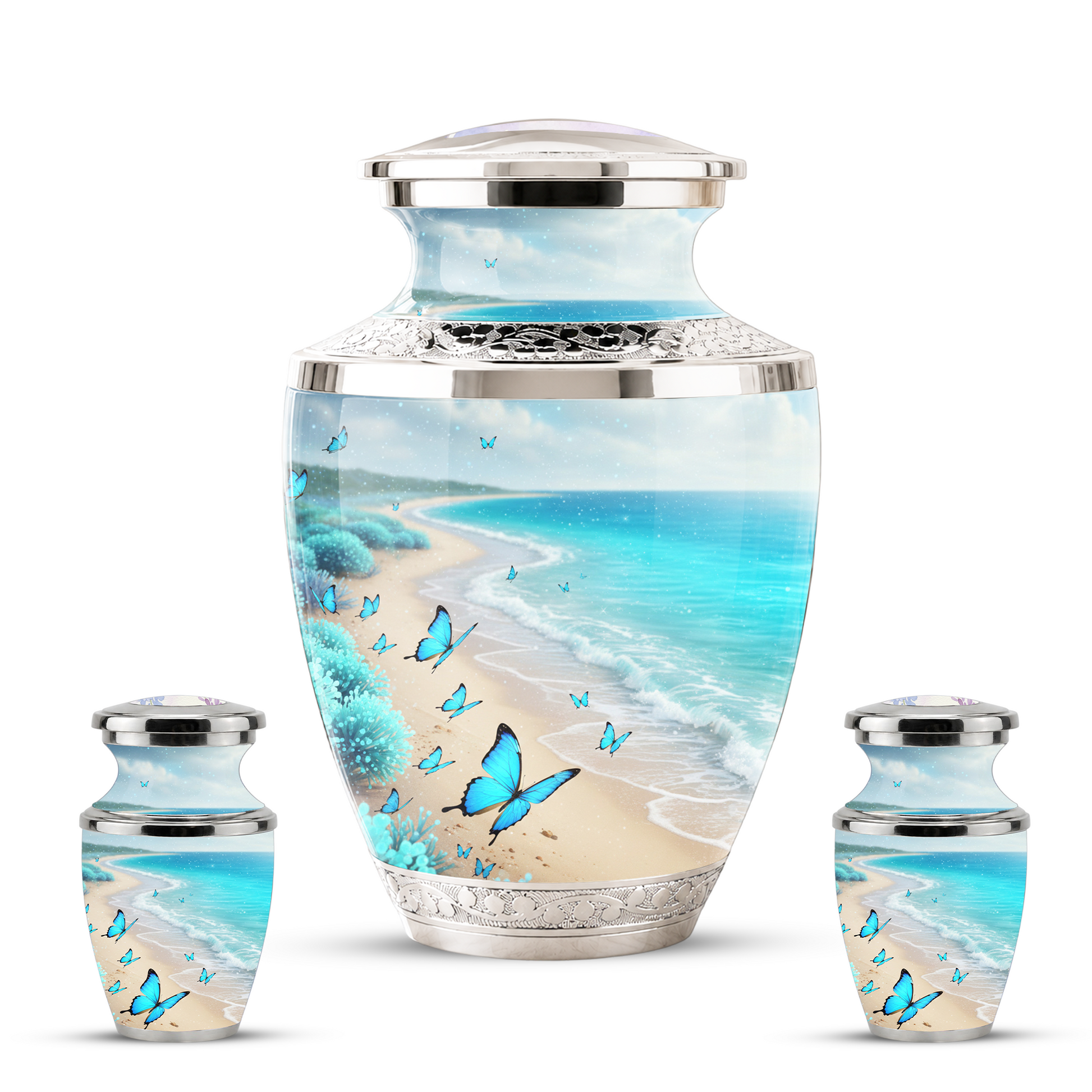 Blue Butterfly Beach Cremation Urn for Ashes - Custom Memorial Urn for Female