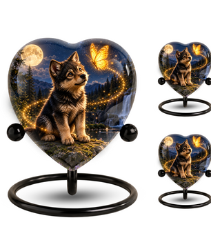Wolf Memorial Wind Chime – Heart-Shaped Wolf and Butterfly Remembrance Garden Decoration