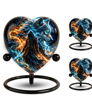 Wolf Warrior Heart Cremation Urn for Ashes, Personalized Adult Memorial Urn,