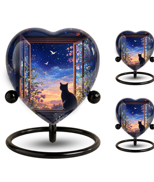 Black Cat Sunset Memorial Adult Urn – Heart-Shaped Adult Urn for Ashes Adult Cremation Urns, Urn for Ashes Adult