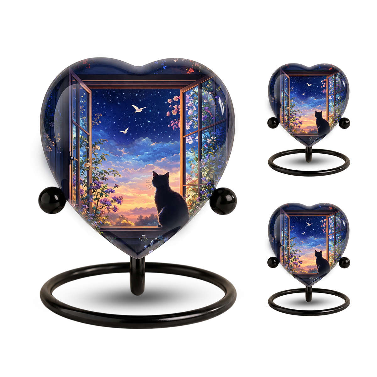 Black Cat Sunset Memorial Adult Urn – Heart-Shaped Adult Urn for Ashes Adult Cremation Urns, Urn for Ashes Adult