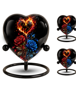 Fire and Roses Adult Cremation Urn for Ashes, Personalized Heart Urn, Red & Blue Rose Memorial Urn, Flame Cremation Urn, Adult Urn