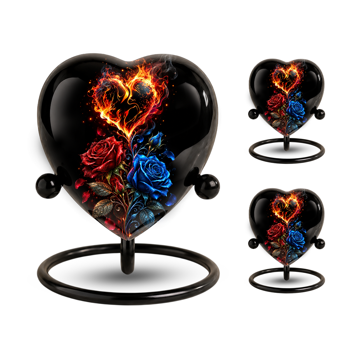 Fire and Roses Adult Cremation Urn for Ashes, Personalized Heart Urn, Red & Blue Rose Memorial Urn, Flame Cremation Urn, Adult Urn
