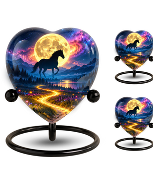 Horse Adult Urn for Ashes, Black Horse and Golden Moon Memorial Urn, Celestial Mountain Cremation Urn