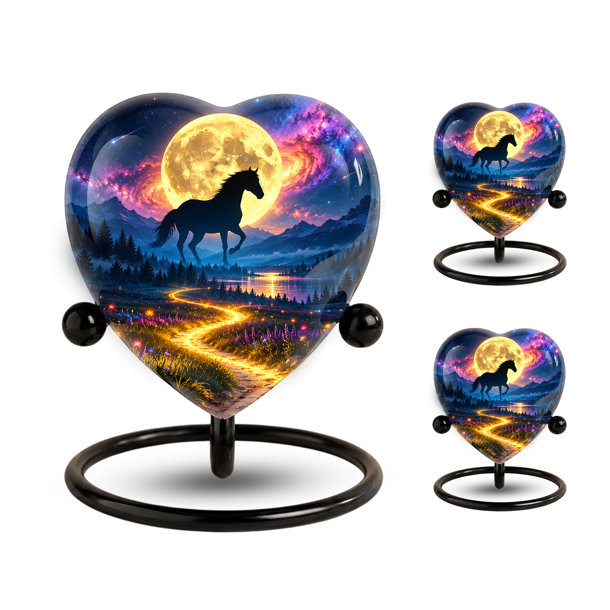 Horse Adult Urn for Ashes, Black Horse and Golden Moon Memorial Urn, Celestial Mountain Cremation Urn