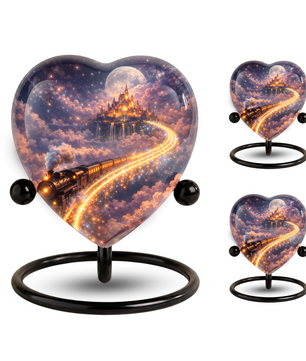 Fantasy Heart Adult Urn for Human Ashes – Enchanted Castle & Train Memorial Adult Cremation Urn