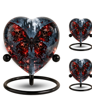 Gothic Butterfly Cremation Urn for Ashes, Skull Butterfly Urn, Red Black Gothic Memorial Urn, Halloween Heart Urn, Personalized Keepsake