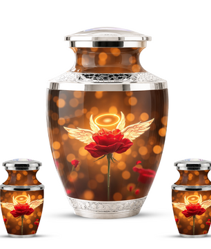 Red Rose Angel Cremation Urn for Ashes, Funeral Flower Memorial Urn for Adults