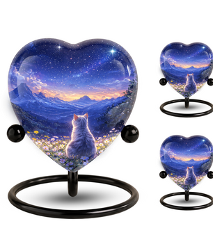 Celestial Cat Adult Urn for Ashes – Starry Night Mountain Cat Memorial Urn, Beautiful Adult Cremation Urn