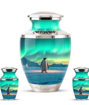 Northern Lights Penguin Cremation Urn for Human Ashes, Personalized Memorial Urn