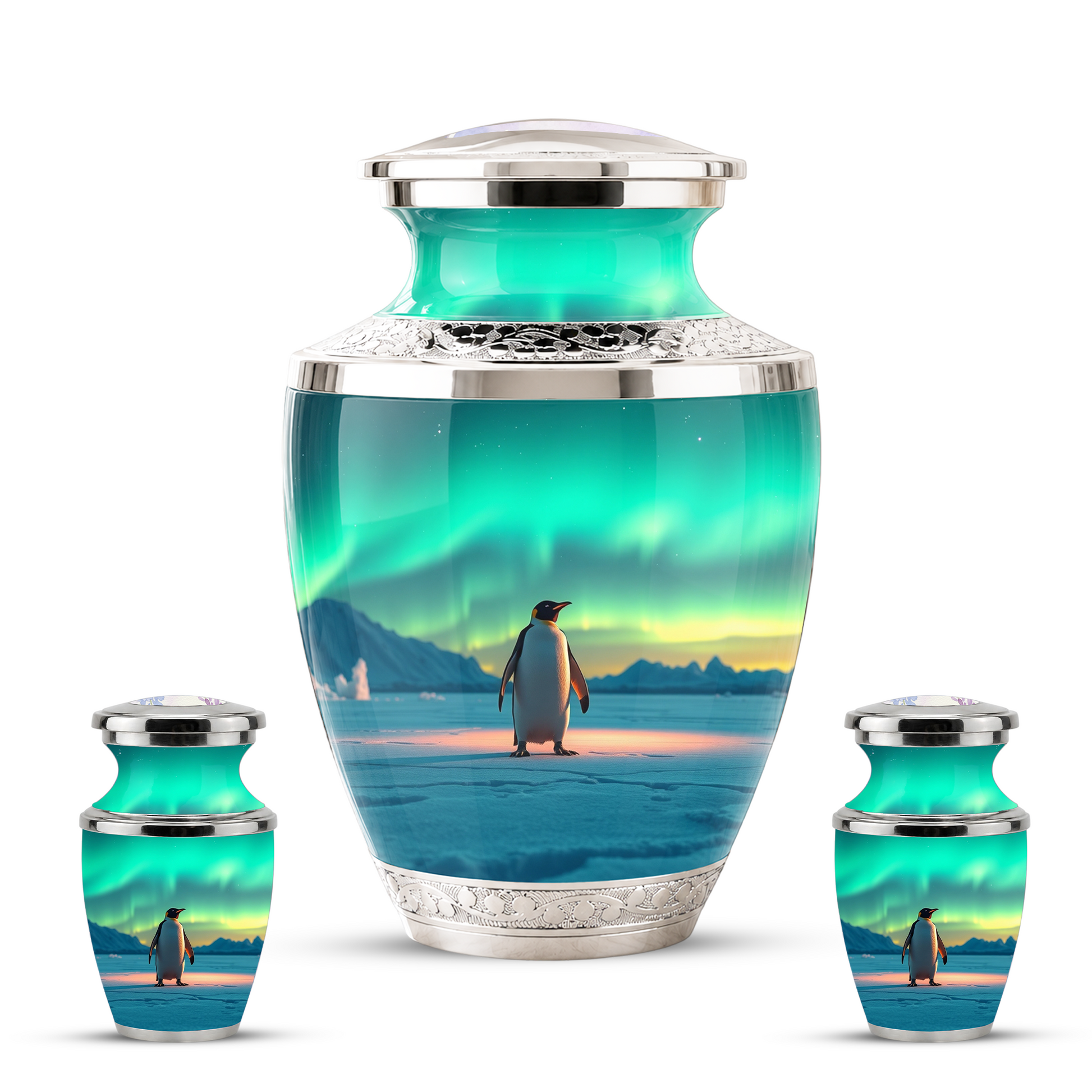 Northern Lights Penguin Cremation Urn for Human Ashes, Personalized Memorial Urn