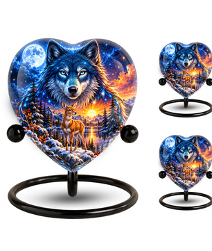 Wolf and Deer Adult Urn for Ashes, Blue Wolf and Fawn Memorial Urn, Celestial Wildlife Cremation Urn