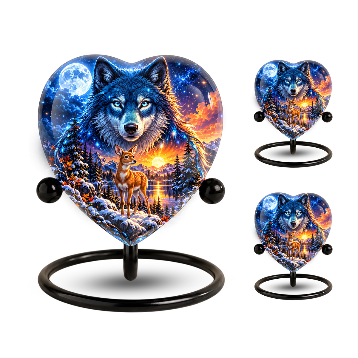 Wolf and Deer Adult Urn for Ashes, Blue Wolf and Fawn Memorial Urn, Celestial Wildlife Cremation Urn