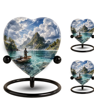 Gone Fishing Heart Shaped Urn for Ashes – Fishing Memorial Urn for Dad, Father & Loved One