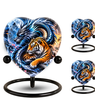 Heart Shaped Dragon and Tiger Urn for Ashes, Fantasy Animal Cremation Urn, Blue Dragon Tiger Memorial Urn for Human Ashes