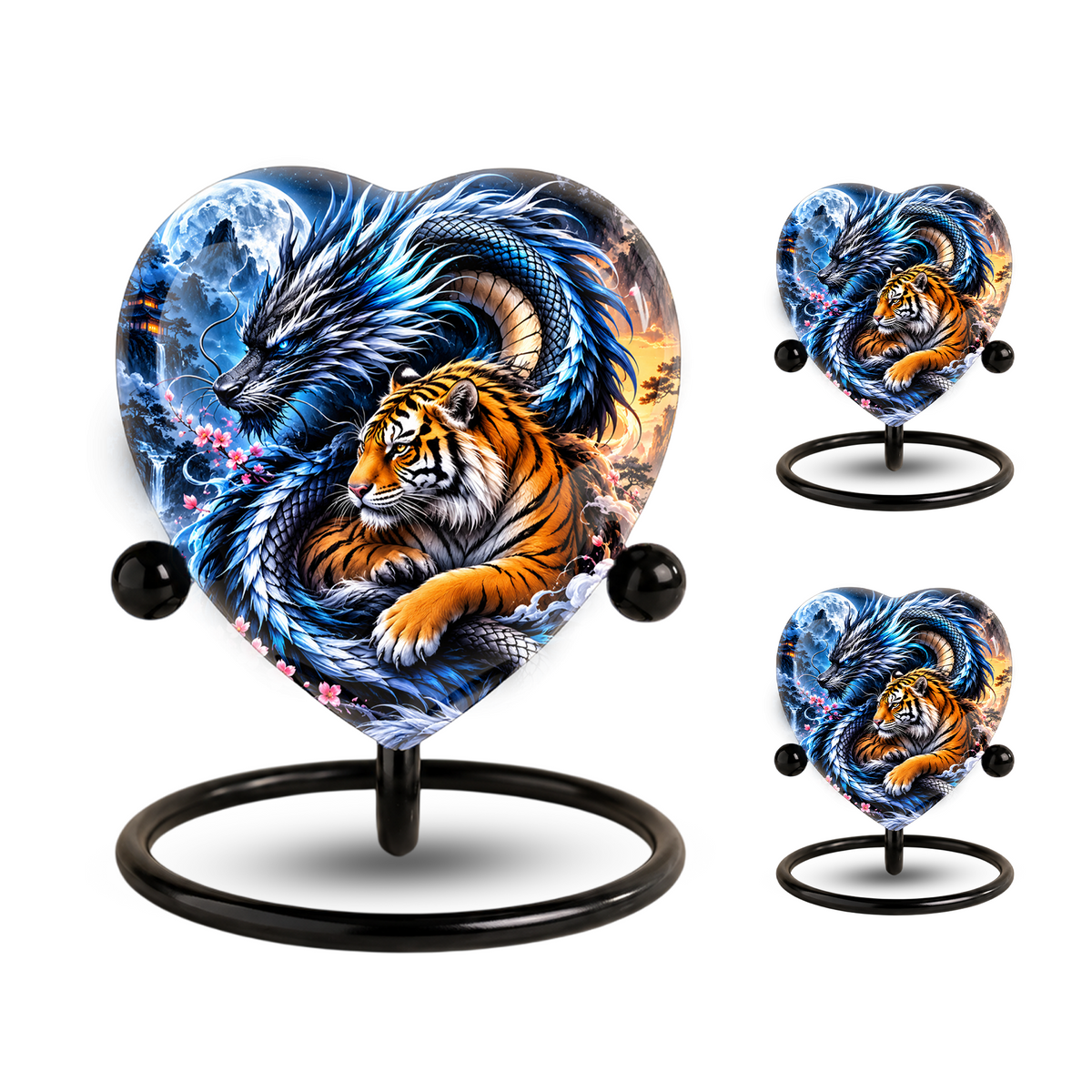 Heart Shaped Dragon and Tiger Urn for Ashes, Fantasy Animal Cremation Urn, Blue Dragon Tiger Memorial Urn for Human Ashes