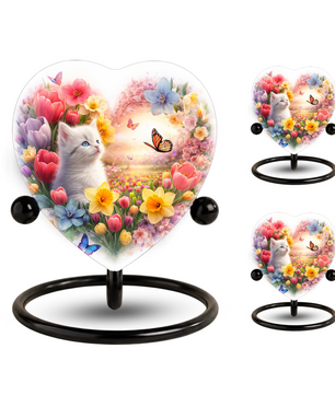 Personalized Cat Urn for Ashes – Heart-Shaped Floral Butterfly Memorial Adult Urn for Cremation Ashes