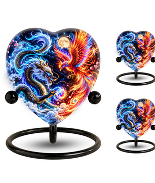 Heart Shaped Dragon and Phoenix Urn for Ashes, Blue Dragon Firebird Cremation Urn, Fantasy Memorial Urn for Human Ashes