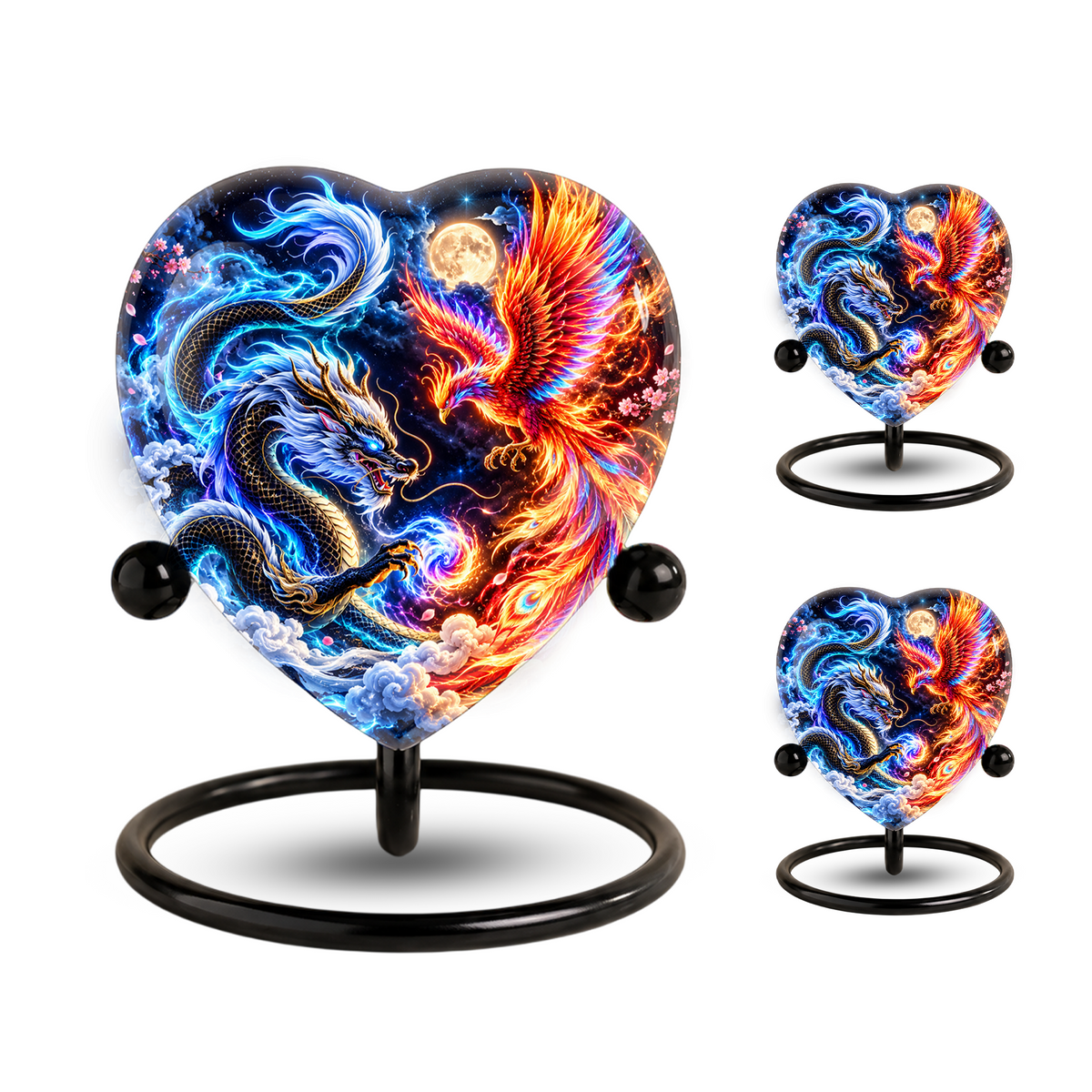Heart Shaped Dragon and Phoenix Urn for Ashes, Blue Dragon Firebird Cremation Urn, Fantasy Memorial Urn for Human Ashes