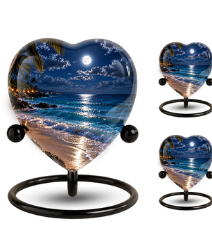 Beach Sunset Heart Cremation Urn for Ashes, Moonlit Ocean Urn, Personalized Coastal Urn