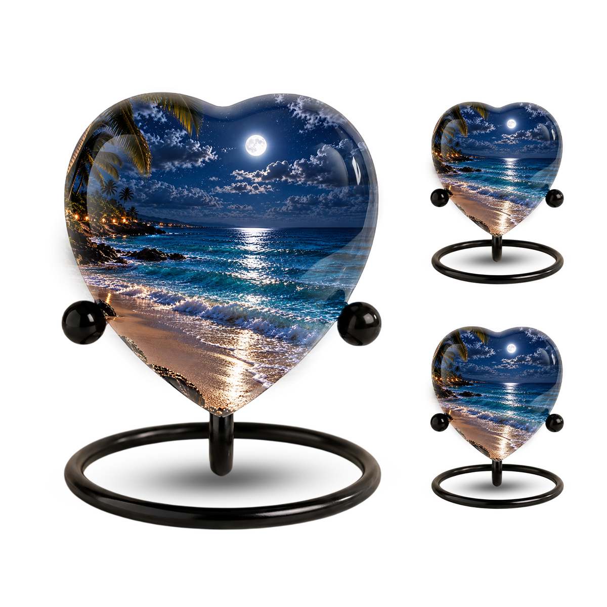 Beach Sunset Heart Cremation Urn for Ashes, Moonlit Ocean Urn, Personalized Coastal Urn