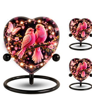 Heart Shaped Pink Birds Urn for Ashes, Butterfly Cremation Urn, Romantic Love Birds Memorial Urn for Human Ashes