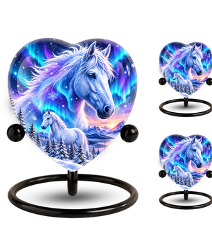 Heart Shaped White Horse Urn for Ashes, Aurora Borealis Horse Cremation Urn, Winter Wonderland Equine Memorial Urn