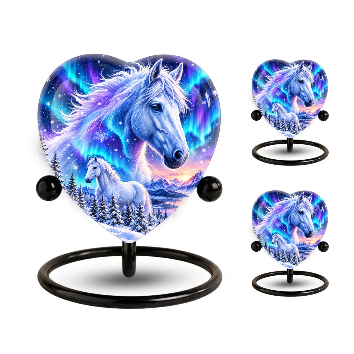 Heart Shaped White Horse Urn for Ashes, Aurora Borealis Horse Cremation Urn, Winter Wonderland Equine Memorial Urn