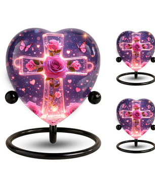 Rose Cross Adult Urn for Ashes, Pink Rose Memorial Adult Cremation Urn, Heart Shaped Urn for Adult Ashes,