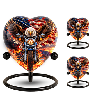 Heart Shaped Eagle Motorcycle Urn for Ashes, American Flag Cremation Urn, Patriotic Biker Memorial Urn for Human Ashes