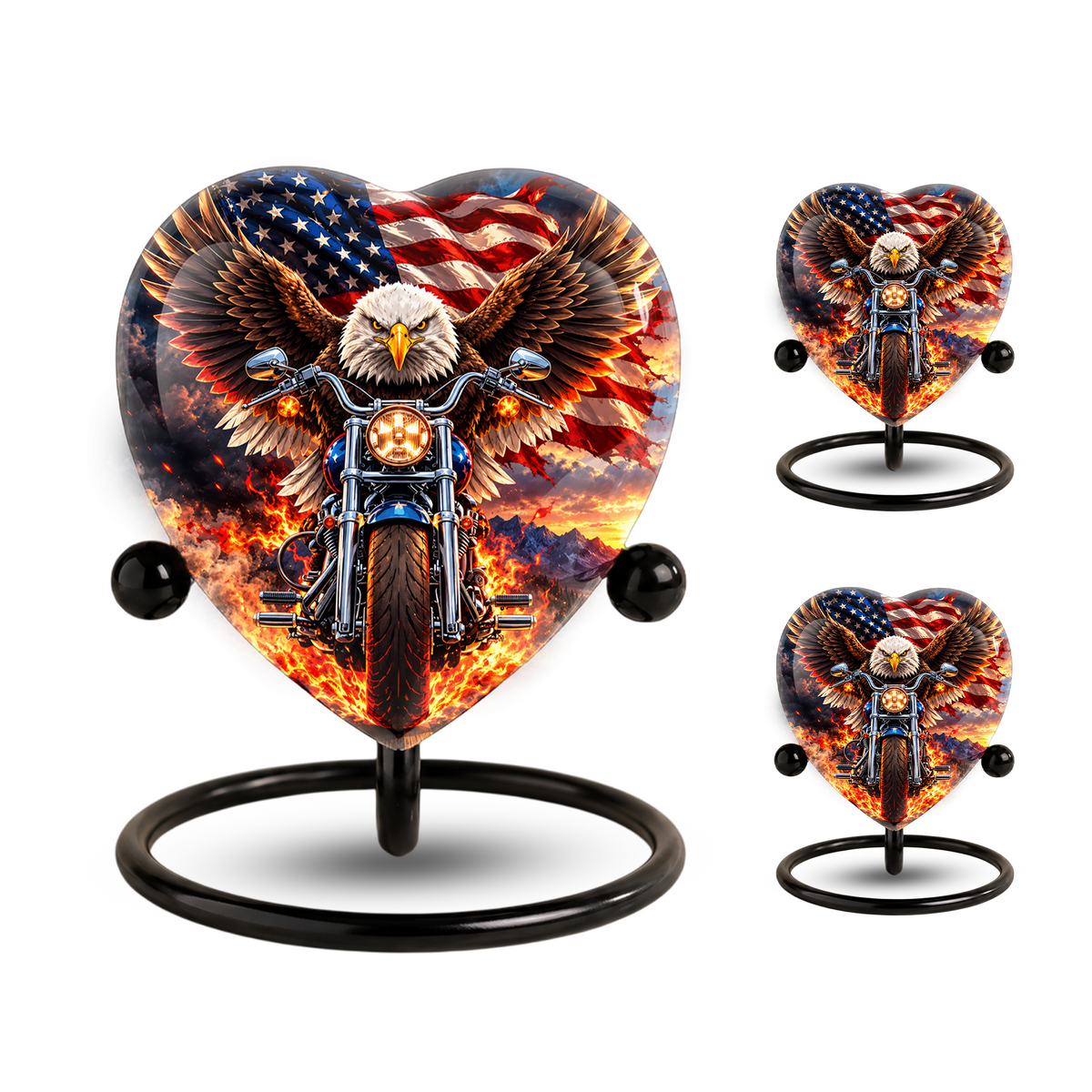 Heart Shaped Eagle Motorcycle Urn for Ashes, American Flag Cremation Urn, Patriotic Biker Memorial Urn for Human Ashes