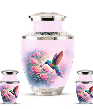 Floral Hummingbird Cremation Urn for Mom, Pink Rose Memorial Keepsake Urn