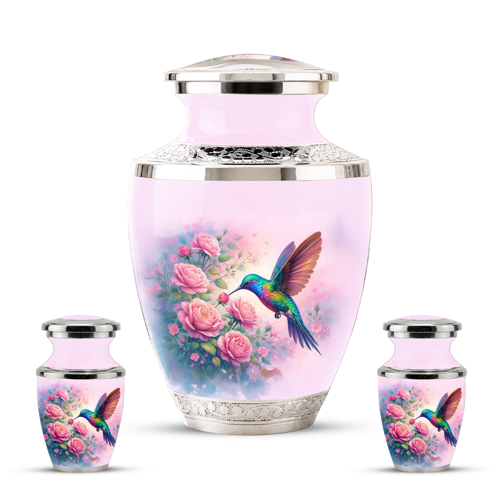 Floral Hummingbird Cremation Urn for Mom, Pink Rose Memorial Keepsake Urn