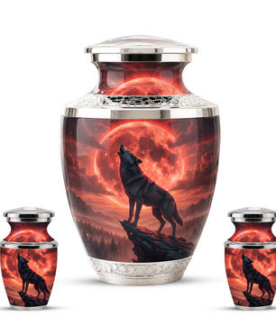Howling Wolf Cremation Urn for Men, Red Moon Custom Memorial Urn for Father