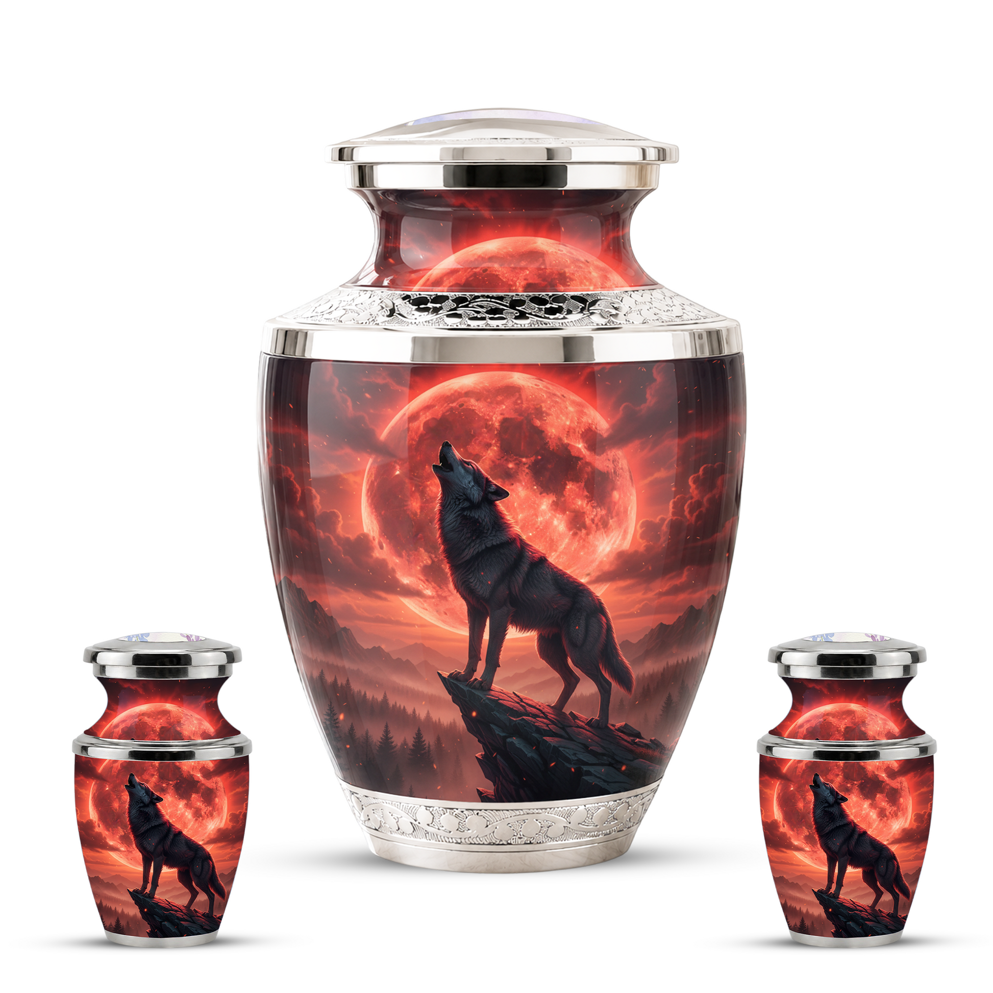 Howling Wolf Cremation Urn for Men, Red Moon Custom Memorial Urn for Father