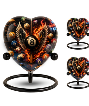 Billiards Cremation Urn, Pool Player Memorial Urn, Heart-Shaped Adult Cremation Urn with Flaming Wings