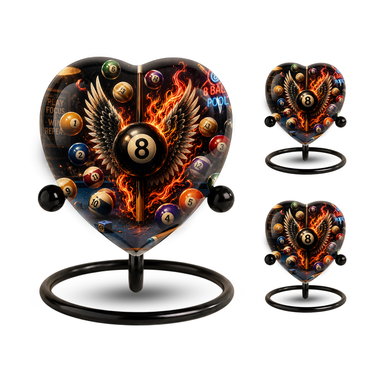 Billiards Cremation Urn, Pool Player Memorial Urn, Heart-Shaped Adult Cremation Urn with Flaming Wings