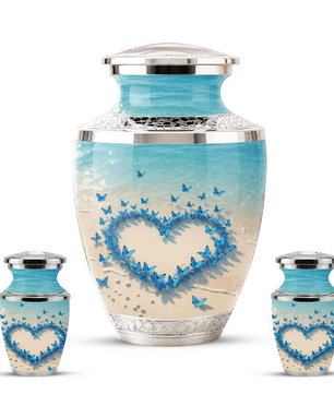 Custom Blue Butterfly Heart Cremation Urn for Mom, Beach Memorial Keepsake Urn