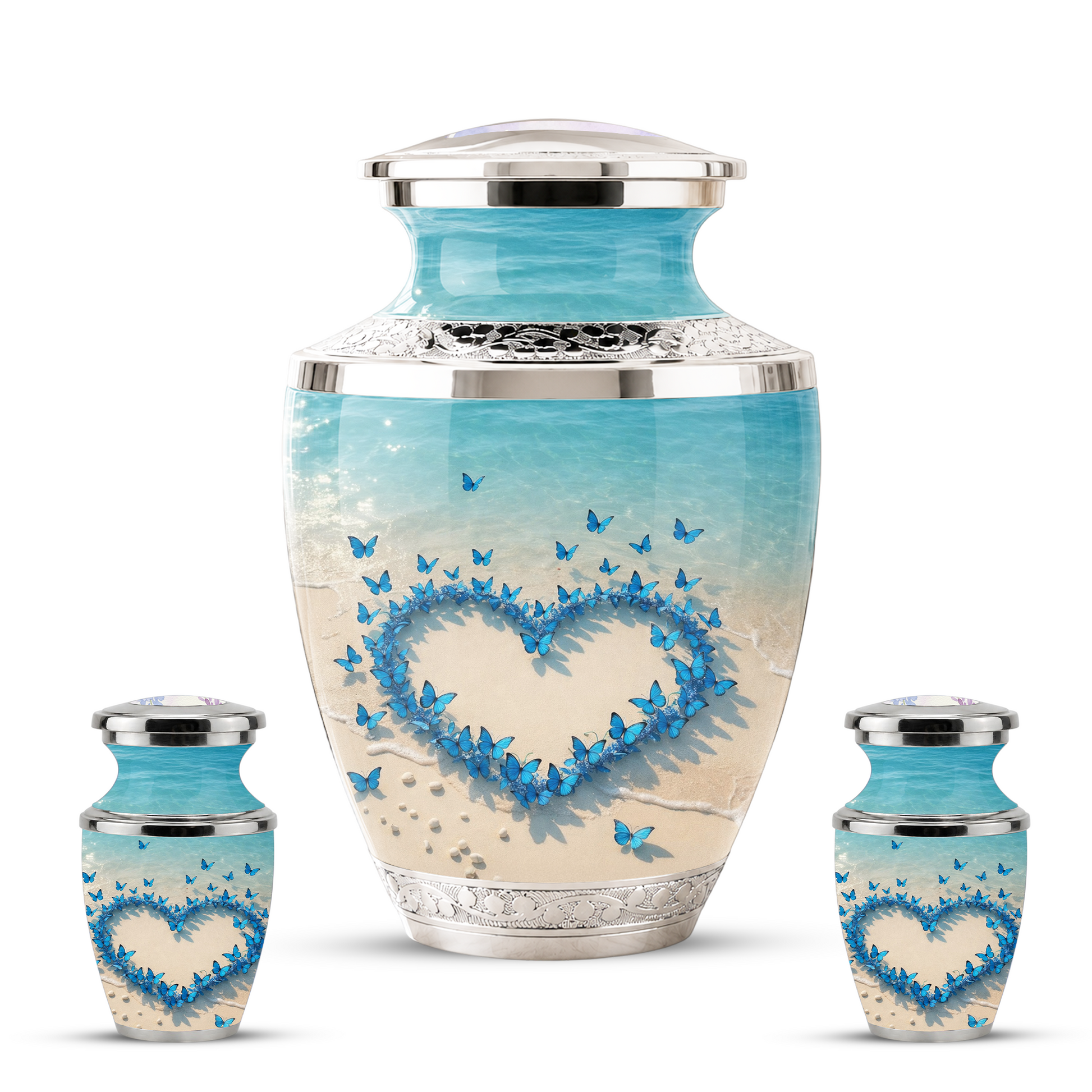 Custom Blue Butterfly Heart Cremation Urn for Mom, Beach Memorial Keepsake Urn