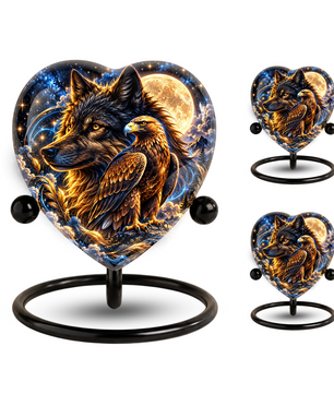 Heart Shaped Wolf and Eagle Urn for Ashes, Wildlife Cremation Urn, Celestial Moon Animal Memorial Urn